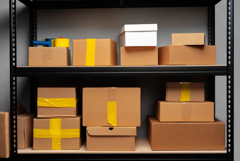 Cartons on warehouse shelving, taped for despatch