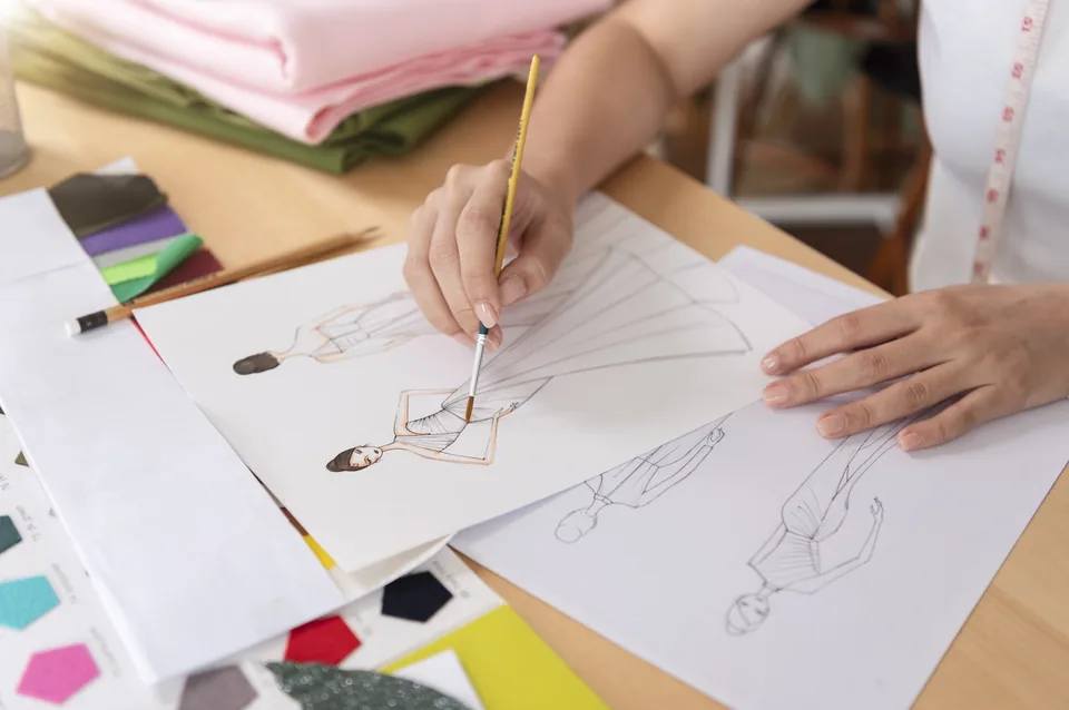 Designer sketching garment ideas beside fabric swatches